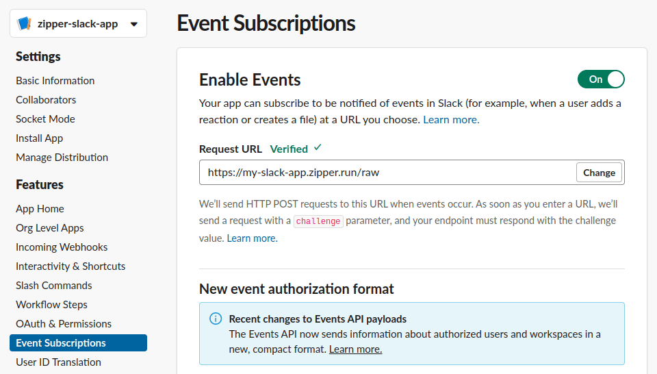 Slack Event Subscriptions