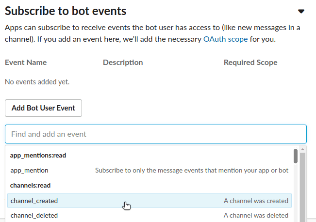 Slack Subscribe to Bot Events
